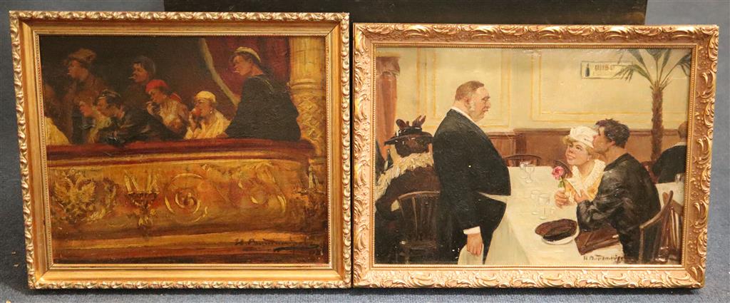 Russian School c.1920 Theatre scene with smokers watching from a box, and a restaurant scene with diners querying the bill, 10 x 12in.